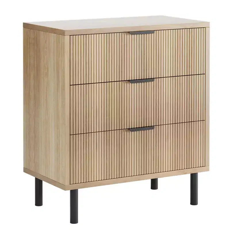 Commode cannelée à 3 tiroirs, large commode en bois, commode de rangement moderne avec pieds en métal