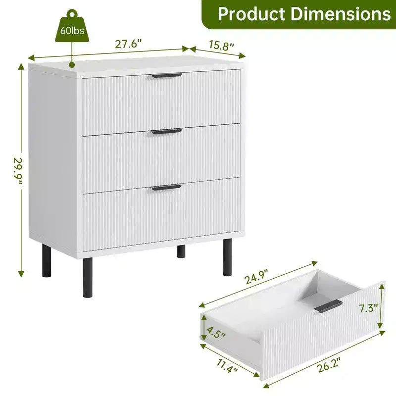 Commode cannelée à 3 tiroirs, large commode en bois, commode de rangement moderne avec pieds en métal