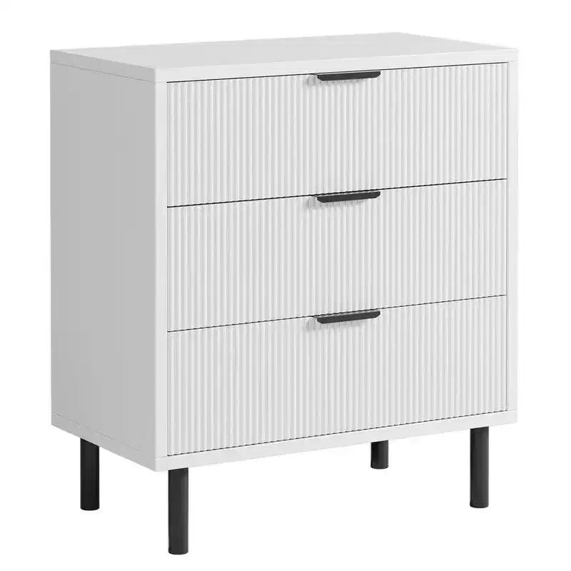 Commode cannelée à 3 tiroirs, large commode en bois, commode de rangement moderne avec pieds en métal