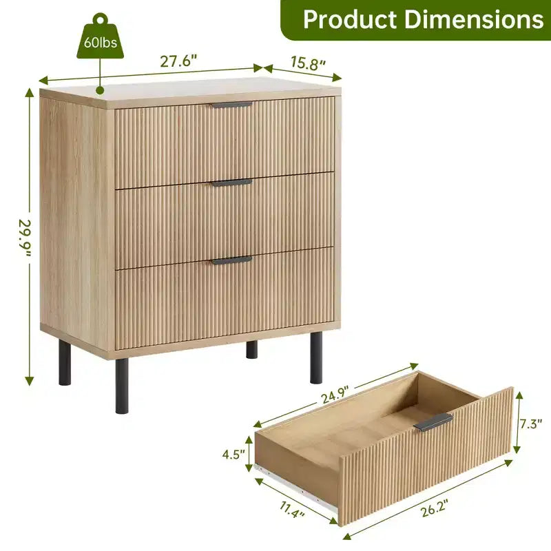 Commode cannelée à 3 tiroirs, large commode en bois, commode de rangement moderne avec pieds en métal