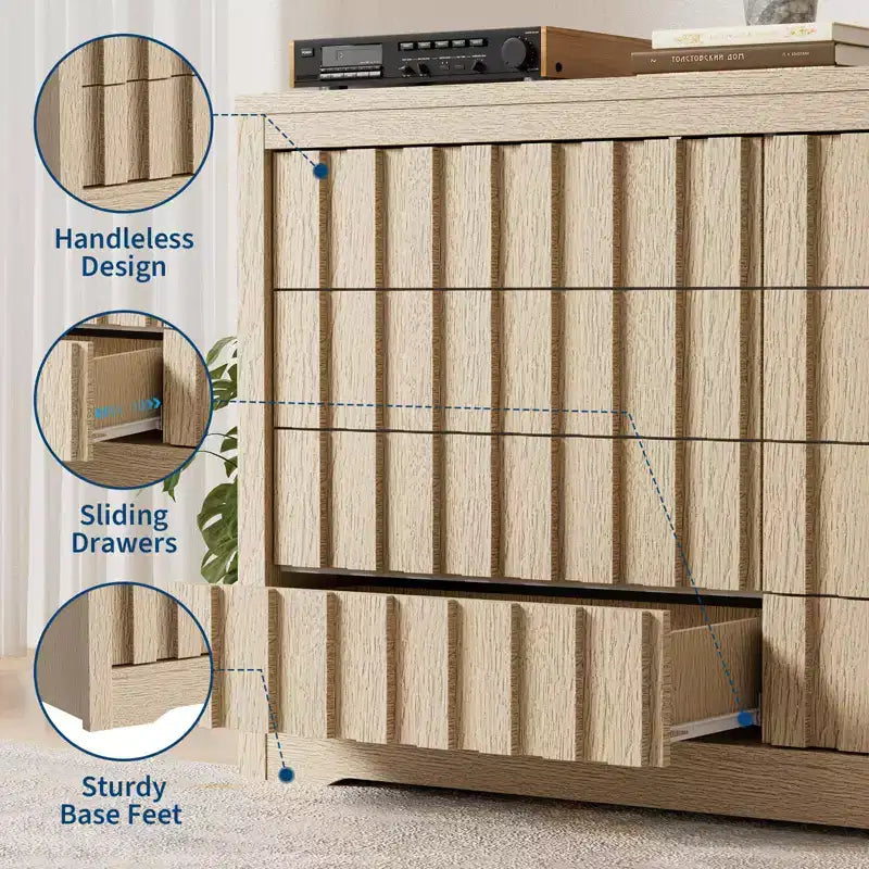 Commode cannelée pour chambre à coucher avec 8 tiroirs, commode de rangement, meuble TV en bois, organisateur de garde-robe en bois avec grand espace de rangement