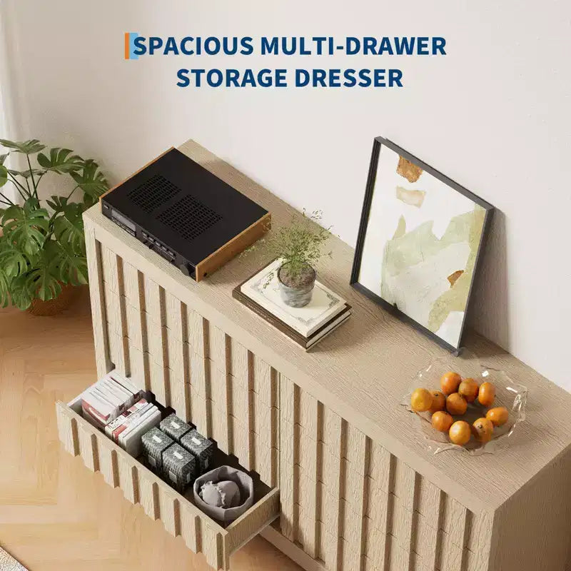 Commode cannelée pour chambre à coucher avec 8 tiroirs, commode de rangement, meuble TV en bois, organisateur de garde-robe en bois avec grand espace de rangement