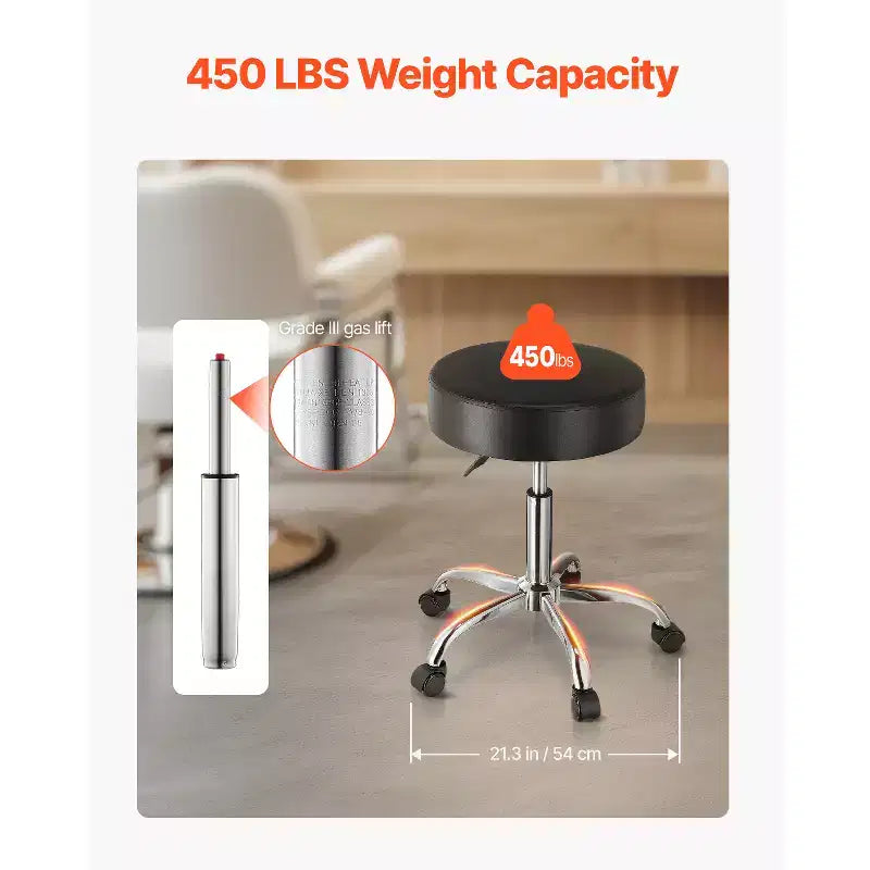 Tabouret roulant à roulettes, capacité de poids de 204 kg, siège de tabouret roulant rond, tabouret pivotant en cuir PU épaissi réglable en hauteur, noir