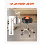 Tabouret roulant à roulettes, capacité de poids de 204 kg, siège de tabouret roulant rond, tabouret pivotant en cuir PU épaissi réglable en hauteur, noir