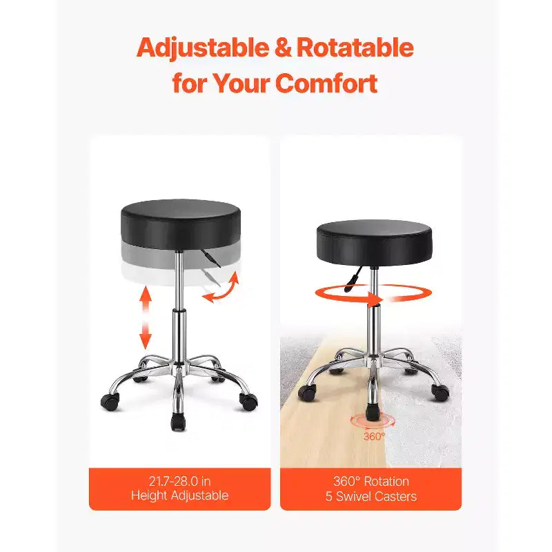 Tabouret roulant à roulettes, capacité de poids de 204 kg, siège de tabouret roulant rond, tabouret pivotant en cuir PU épaissi réglable en hauteur, noir