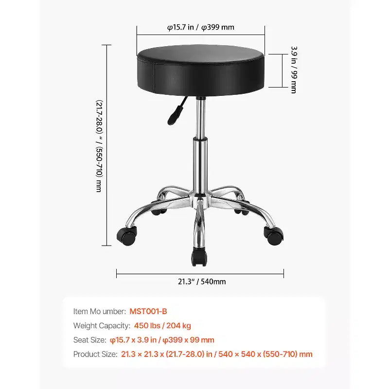 Tabouret roulant à roulettes, capacité de poids de 204 kg, siège de tabouret roulant rond, tabouret pivotant en cuir PU épaissi réglable en hauteur, noir