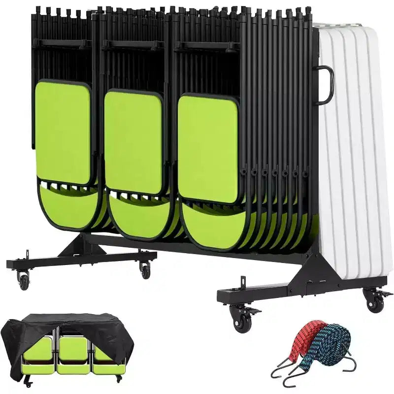 Acekool Folding Chair Rack Cart with Adjustable Height, PVC Locking Wheels, Cover Included, Heavy Duty Metal Frame, Holds up to 42 Chairs