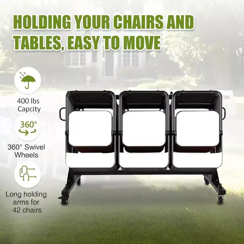 Chariot de rangement pour chaises pliantes avec hauteur réglable, roues verrouillables en PVC, housse incluse, cadre en métal robuste, peut contenir jusqu'à 42 chaises
