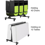 Chariot de rangement pour chaises pliantes avec hauteur réglable, roues verrouillables en PVC, housse incluse, cadre en métal robuste, peut contenir jusqu'à 42 chaises