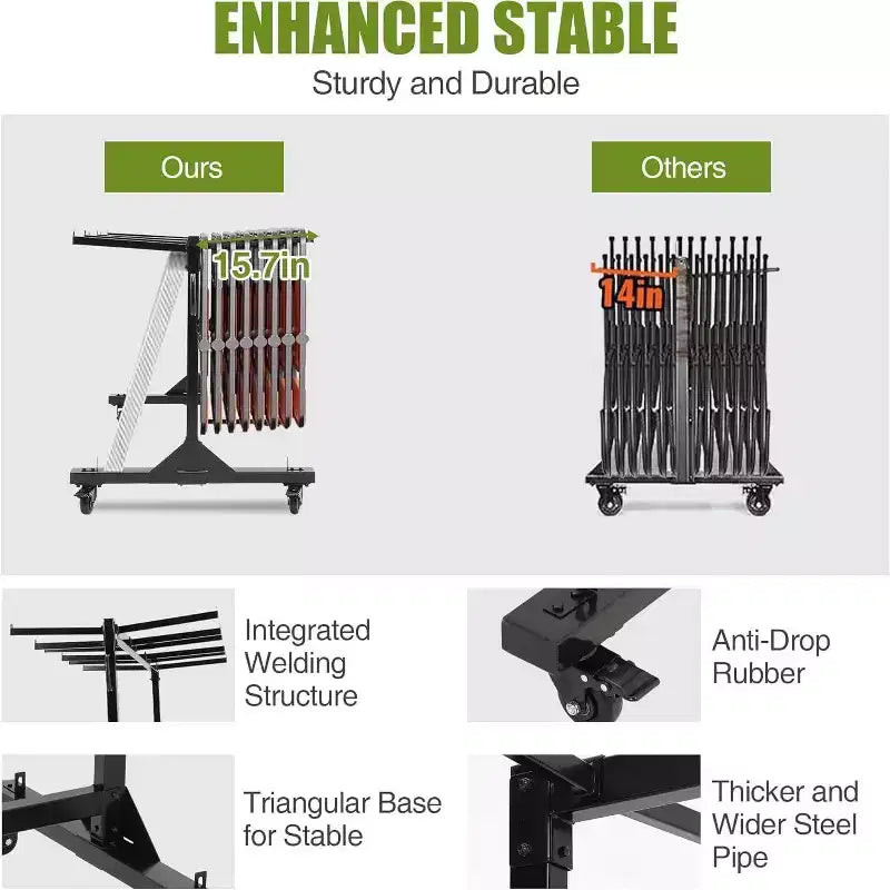 Chariot de rangement pour chaises pliantes avec hauteur réglable, roues verrouillables en PVC, housse incluse, cadre en métal robuste, peut contenir jusqu'à 42 chaises