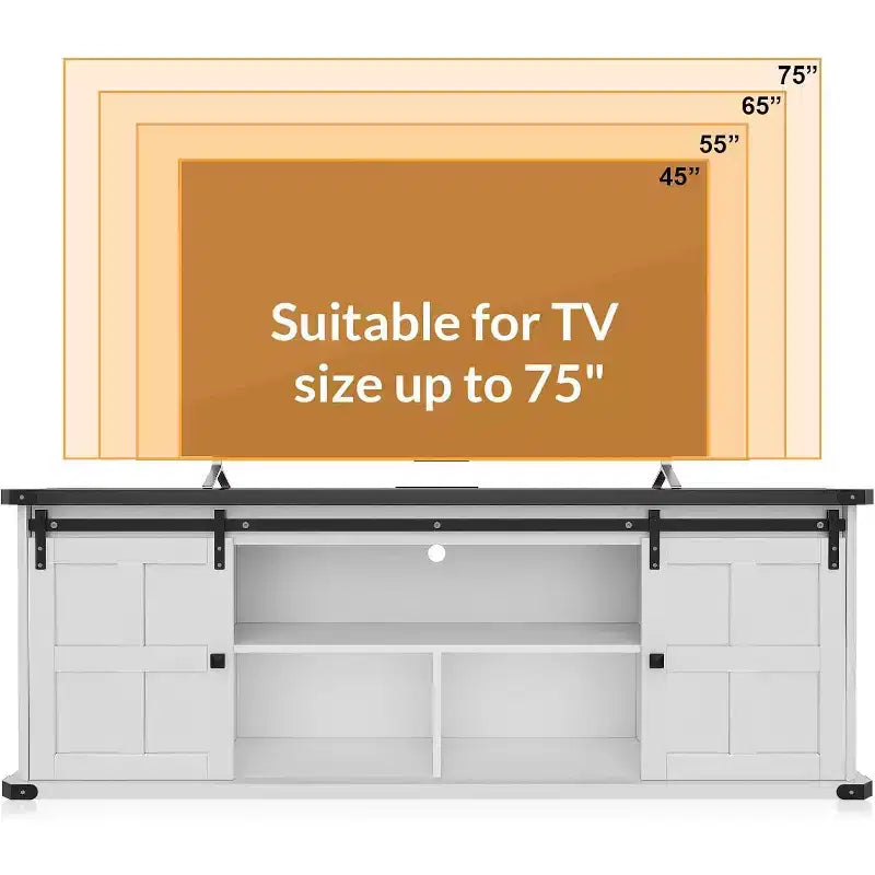 Meuble TV 70 pouces pour téléviseurs 75 pouces, centre de divertissement et meuble média avec portes de grange coulissantes et armoires de rangement, table console TV moderne