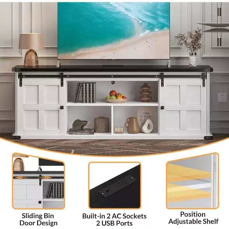 Meuble TV 70 pouces pour téléviseurs 75 pouces, centre de divertissement et meuble média avec portes de grange coulissantes et armoires de rangement, table console TV moderne