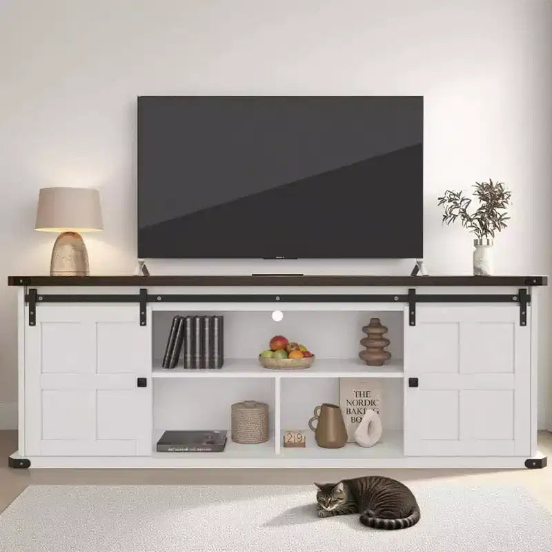 Meuble TV 70 pouces pour téléviseurs 75 pouces, centre de divertissement et meuble média avec portes de grange coulissantes et armoires de rangement, table console TV moderne