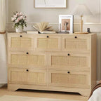 Rattan Dresser for Bedroom, 7 Drawer Double Dresser, Farmhouse Chest of Drawers, Wooden Storage Organizer for Closet, Living Room, Entryway, Hallway