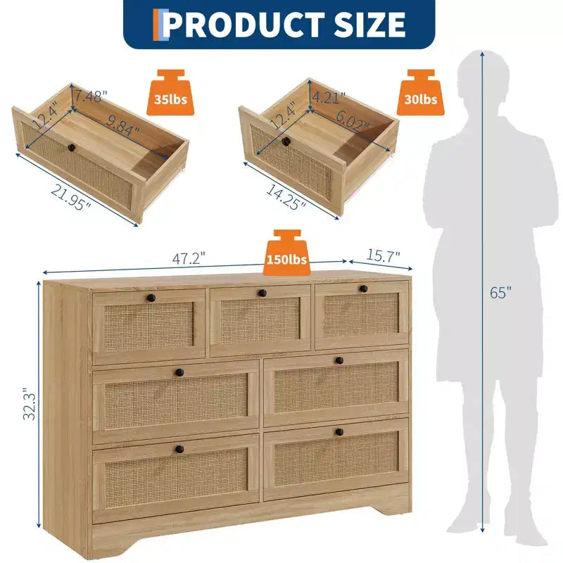 Commode en rotin pour chambre à coucher, commode double à 7 tiroirs, commode de style ferme, organisateur de rangement en bois pour placard, salon, entrée, couloir