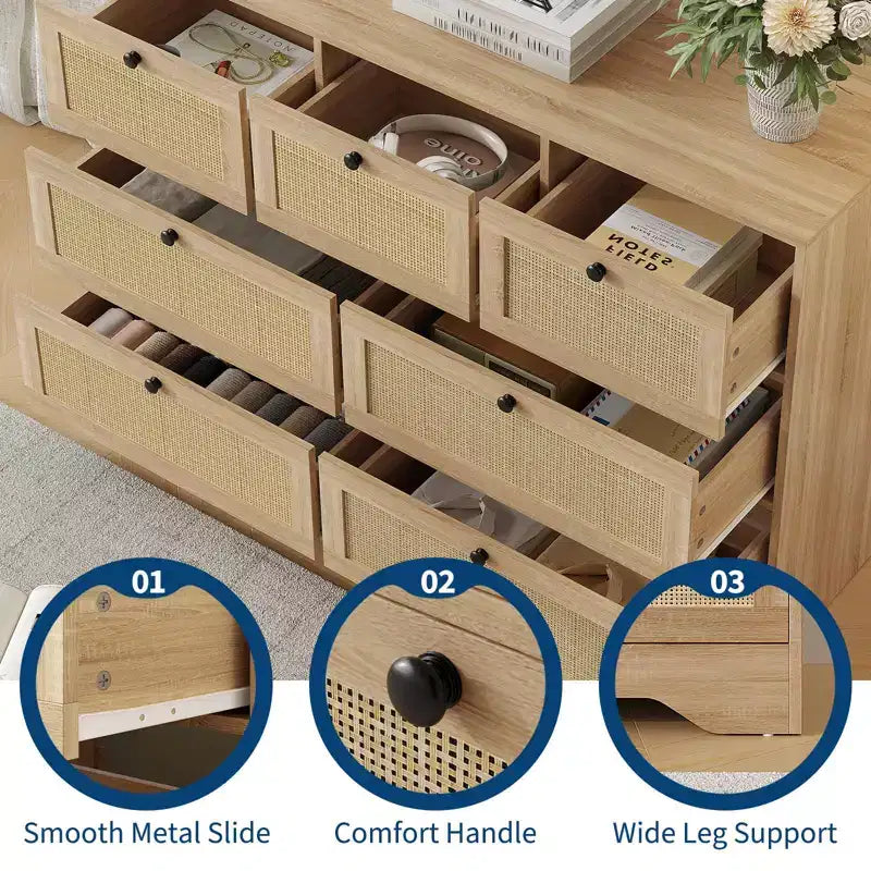 Commode en rotin pour chambre à coucher, commode double à 7 tiroirs, commode de style ferme, organisateur de rangement en bois pour placard, salon, entrée, couloir