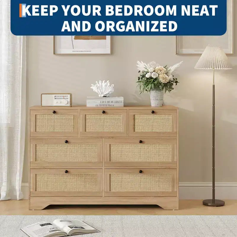 Commode en rotin pour chambre à coucher, commode double à 7 tiroirs, commode de style ferme, organisateur de rangement en bois pour placard, salon, entrée, couloir