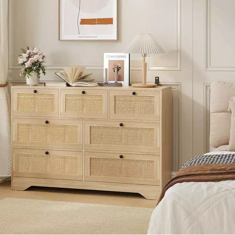 Commode en rotin pour chambre à coucher, commode double à 7 tiroirs, commode de style ferme, organisateur de rangement en bois pour placard, salon, entrée, couloir
