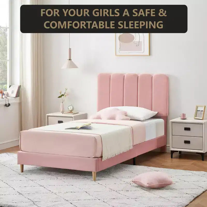 Lit Plateforme capitonné en Bouclette avec Tête de Lit Ondulée pour Filles/Garçons/Enfants, Support à Lattes en Bois Facile à Assembler,
