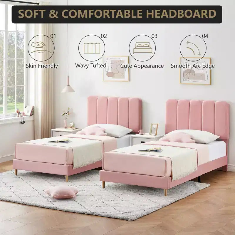 Lit Plateforme capitonné en Bouclette avec Tête de Lit Ondulée pour Filles/Garçons/Enfants, Support à Lattes en Bois Facile à Assembler,