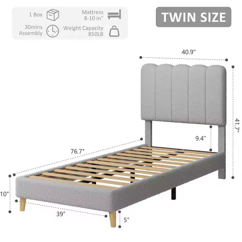 Lit Plateforme capitonné en Bouclette avec Tête de Lit Ondulée pour Filles/Garçons/Enfants, Support à Lattes en Bois Facile à Assembler,
