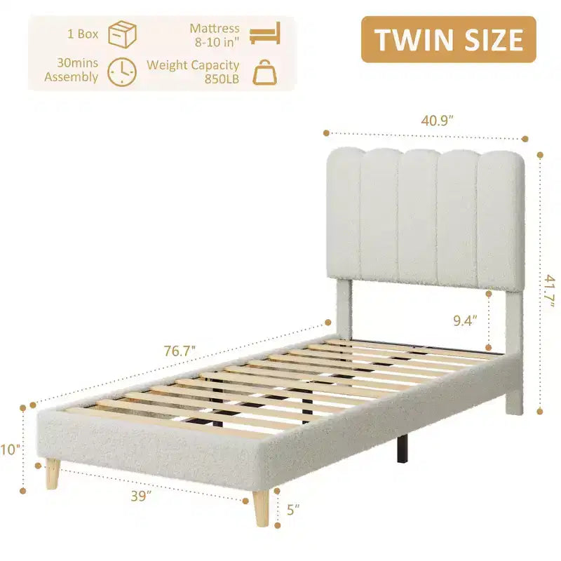 Lit Plateforme capitonné en Bouclette avec Tête de Lit Ondulée pour Filles/Garçons/Enfants, Support à Lattes en Bois Facile à Assembler,