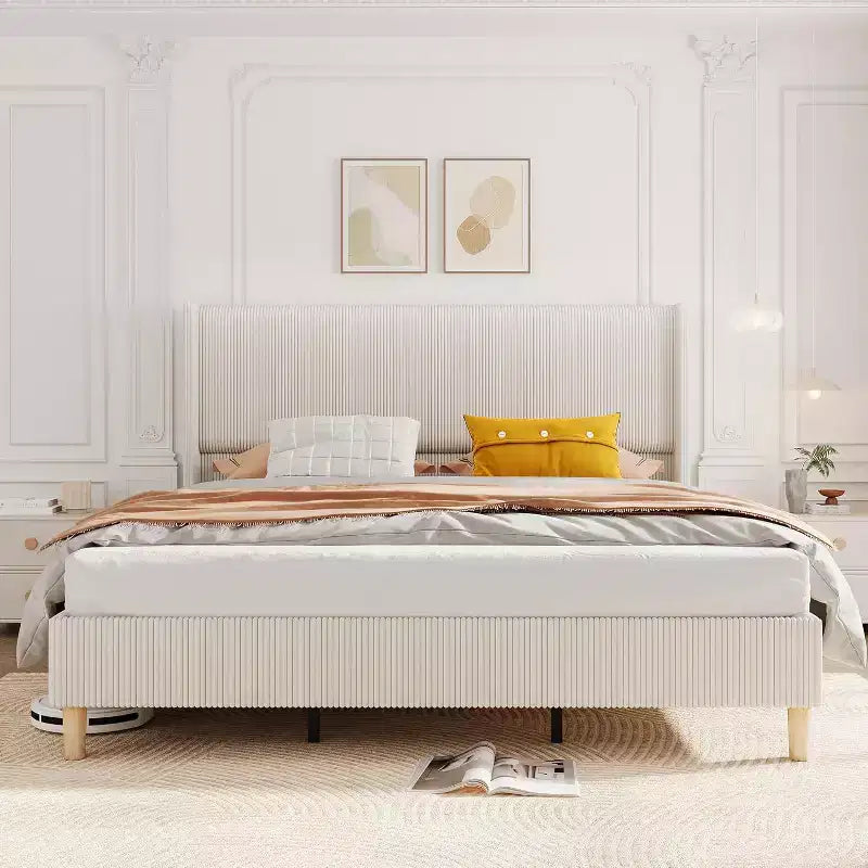 Bed Frame, Corduroy Upholstered King Bed Frame with Wingback Headboard, No Box Spring Needed, Solid Wooden Slats, Noise Free, Beige