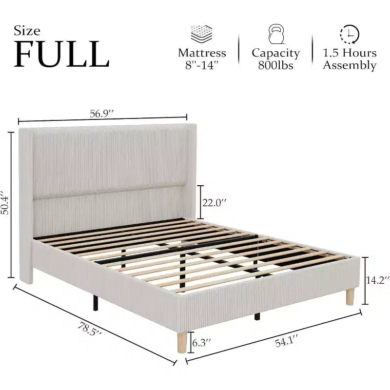 Cadre de lit, Cadre de lit King en velours côtelé avec tête de lit à oreilles, Aucun sommier tapissier requis, Lattes en bois massif, Silencieux, Beige