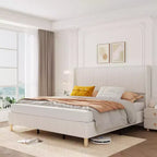 Cadre de lit, Cadre de lit King en velours côtelé avec tête de lit à oreilles, Aucun sommier tapissier requis, Lattes en bois massif, Silencieux, Beige