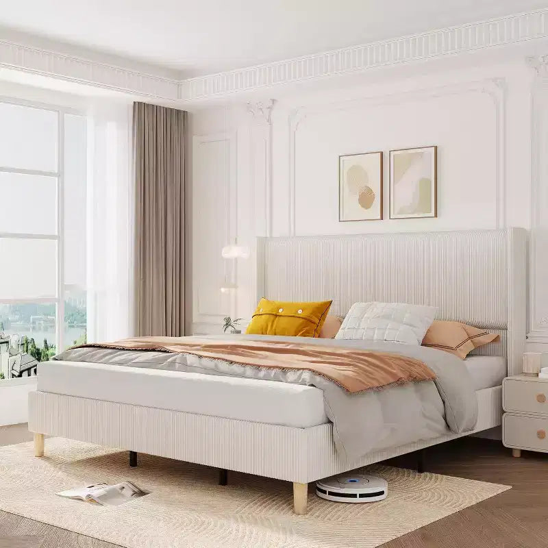 Cadre de lit, Cadre de lit King en velours côtelé avec tête de lit à oreilles, Aucun sommier tapissier requis, Lattes en bois massif, Silencieux, Beige
