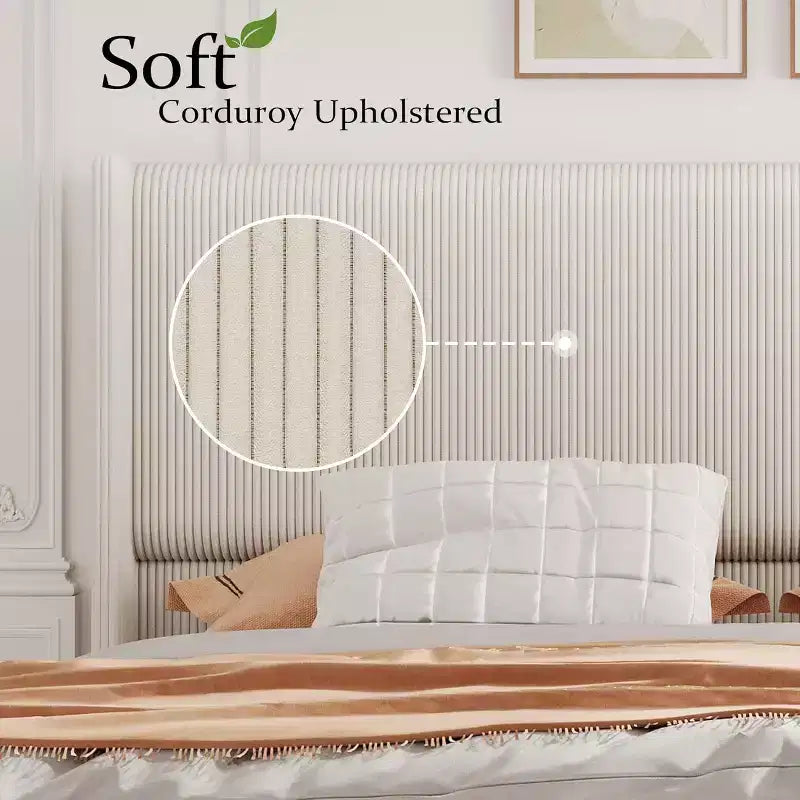 Cadre de lit, Cadre de lit King en velours côtelé avec tête de lit à oreilles, Aucun sommier tapissier requis, Lattes en bois massif, Silencieux, Beige
