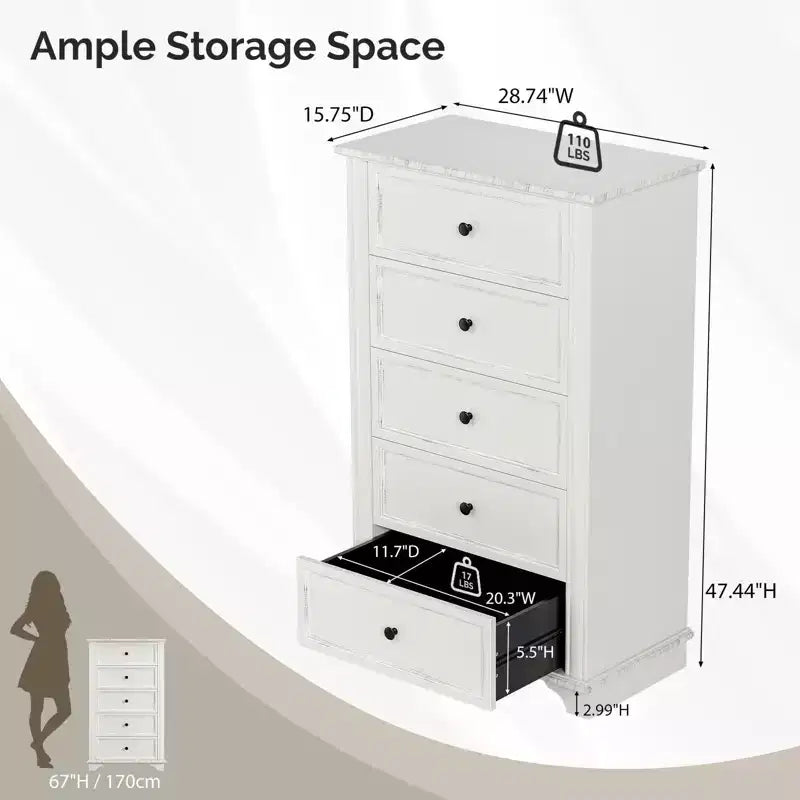 Commode à 5 tiroirs en MDF blanc de 73 cm de large