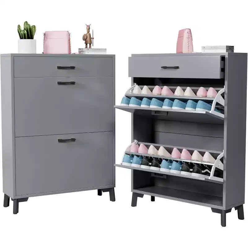 Meuble à chaussures, organisateur de chaussures en MDF mince à 2 tiroirs basculants avec tiroir supérieur, anti-basculement, rangement peu encombrant