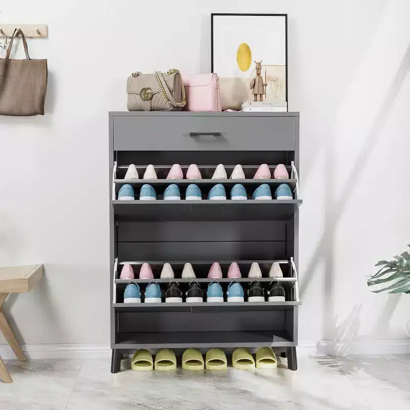 Meuble à chaussures, organisateur de chaussures en MDF mince à 2 tiroirs basculants avec tiroir supérieur, anti-basculement, rangement peu encombrant