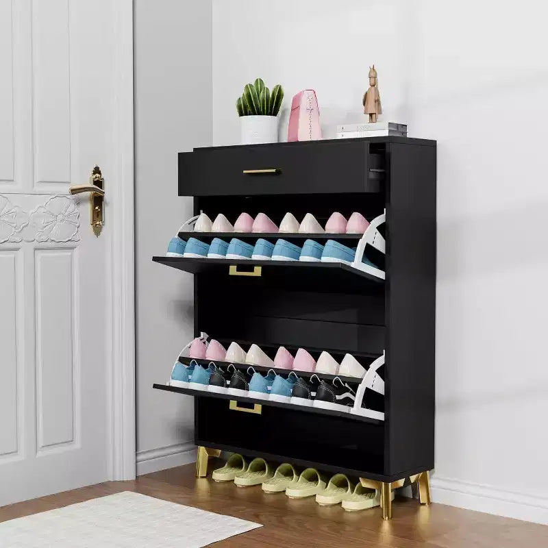 Meuble à chaussures, organisateur de chaussures en MDF mince à 2 tiroirs basculants avec tiroir supérieur, anti-basculement, rangement peu encombrant