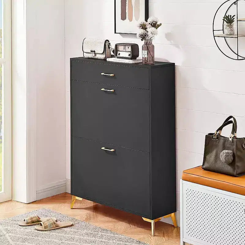 Meuble à chaussures, organisateur de chaussures en MDF mince à 2 tiroirs basculants avec tiroir supérieur, anti-basculement, rangement peu encombrant