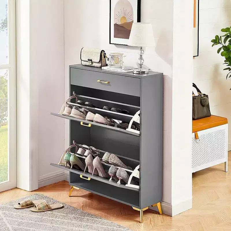 Meuble à chaussures, organisateur de chaussures en MDF mince à 2 tiroirs basculants avec tiroir supérieur, anti-basculement, rangement peu encombrant