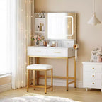 Coiffeuse de maquillage avec miroir et lumières 3 couleurs, table de toilette avec chaise, ensemble de table de maquillage avec 4 tiroirs, prise de courant et étagères de rangement