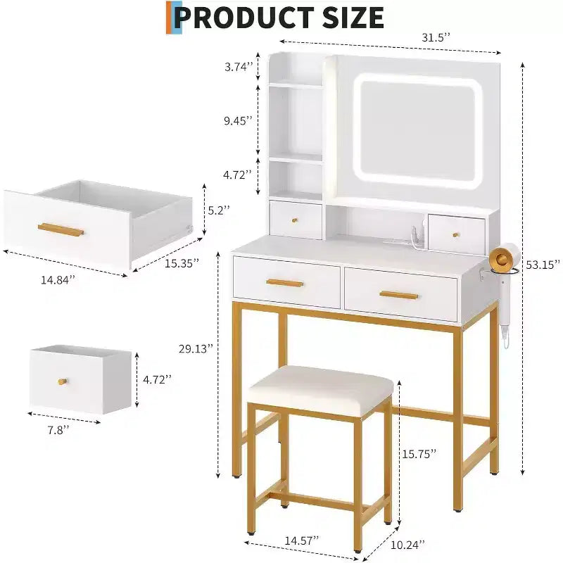 Coiffeuse de maquillage avec miroir et lumières 3 couleurs, table de toilette avec chaise, ensemble de table de maquillage avec 4 tiroirs, prise de courant et étagères de rangement