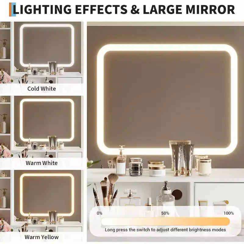 Coiffeuse de maquillage avec miroir et lumières 3 couleurs, table de toilette avec chaise, ensemble de table de maquillage avec 4 tiroirs, prise de courant et étagères de rangement