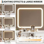 Coiffeuse de maquillage avec miroir et lumières 3 couleurs, table de toilette avec chaise, ensemble de table de maquillage avec 4 tiroirs, prise de courant et étagères de rangement