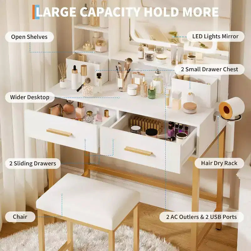 Coiffeuse de maquillage avec miroir et lumières 3 couleurs, table de toilette avec chaise, ensemble de table de maquillage avec 4 tiroirs, prise de courant et étagères de rangement