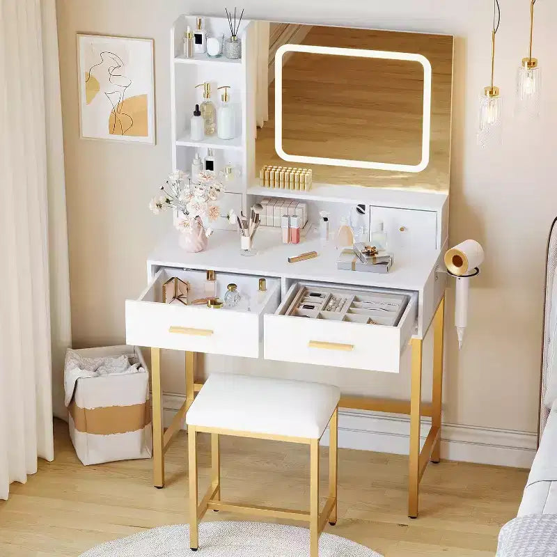 Coiffeuse de maquillage avec miroir et lumières 3 couleurs, table de toilette avec chaise, ensemble de table de maquillage avec 4 tiroirs, prise de courant et étagères de rangement