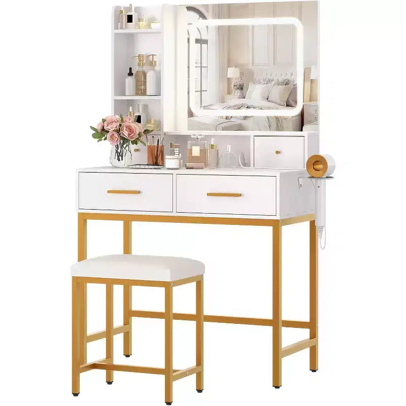 Coiffeuse de maquillage avec miroir et lumières 3 couleurs, table de toilette avec chaise, ensemble de table de maquillage avec 4 tiroirs, prise de courant et étagères de rangement