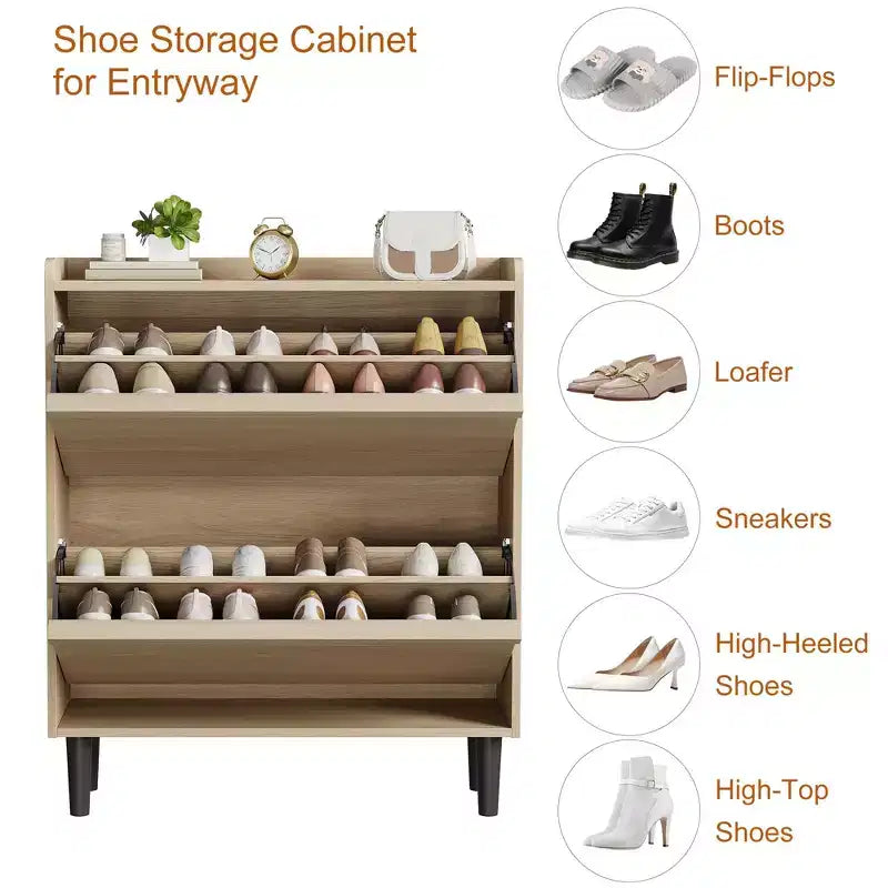 Meuble à chaussures en bois avec 2 tiroirs basculants et étagère réglable pour entrée, couloir, salon