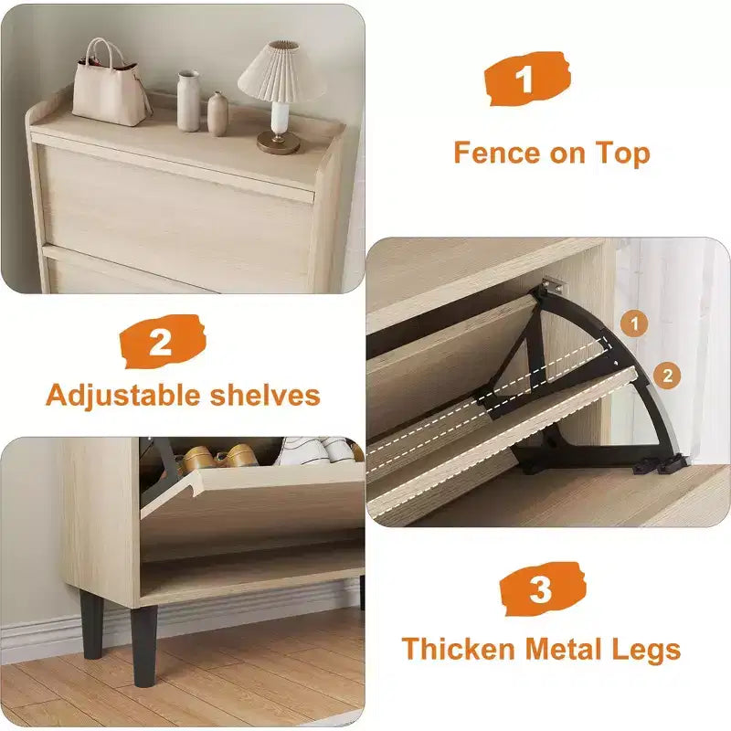 Meuble à chaussures en bois avec 2 tiroirs basculants et étagère réglable pour entrée, couloir, salon