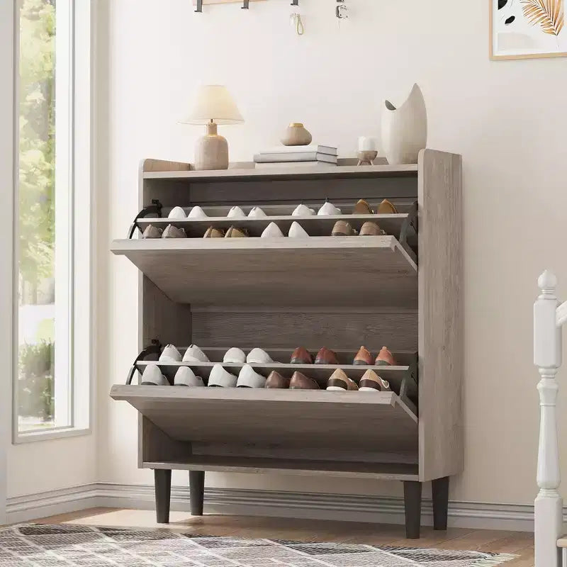 Meuble à chaussures en bois avec 2 tiroirs basculants et étagère réglable pour entrée, couloir, salon