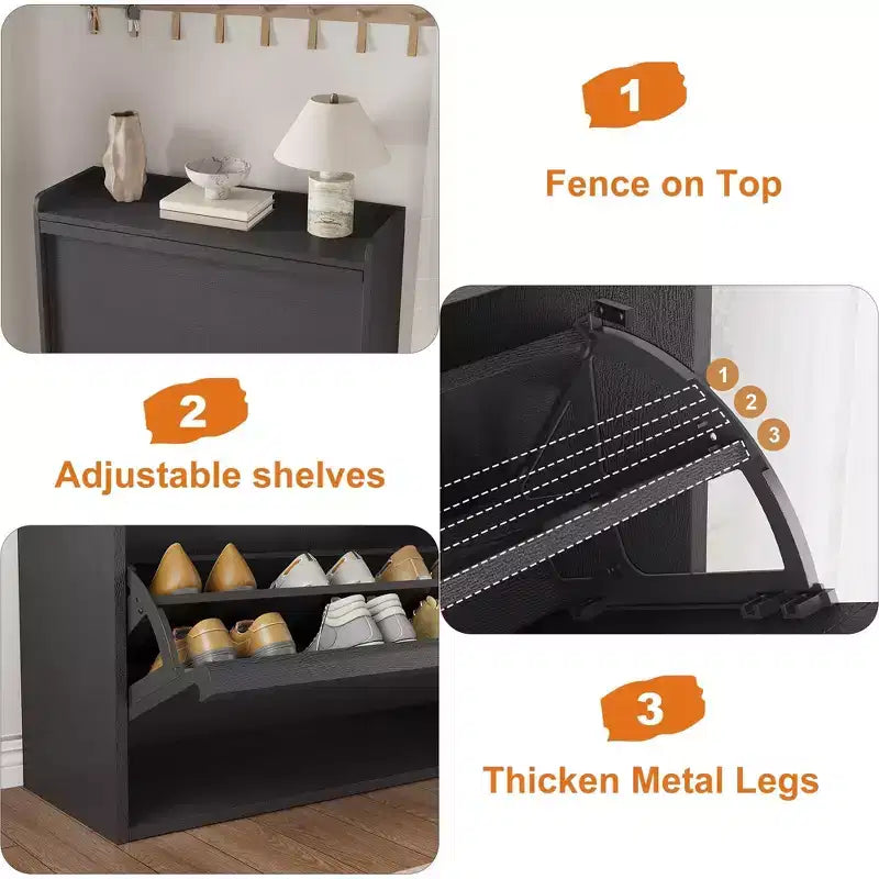 Meuble à chaussures en bois avec 2 tiroirs basculants et étagère réglable pour entrée, couloir, salon