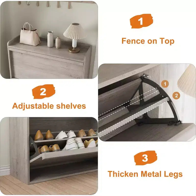 Meuble à chaussures en bois avec 2 tiroirs basculants et étagère réglable pour entrée, couloir, salon