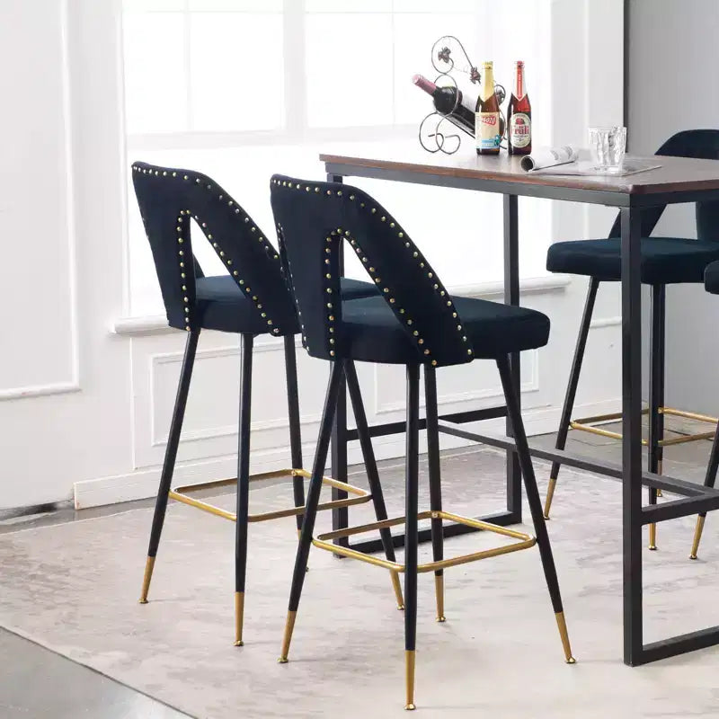 TROPOW Velvet Bar Stools with Back Support and Footrest, Upholstered Kitchen Chairs, Wide Cushion Counter Stools for Bar Cafe, Set of 2, 28 Black